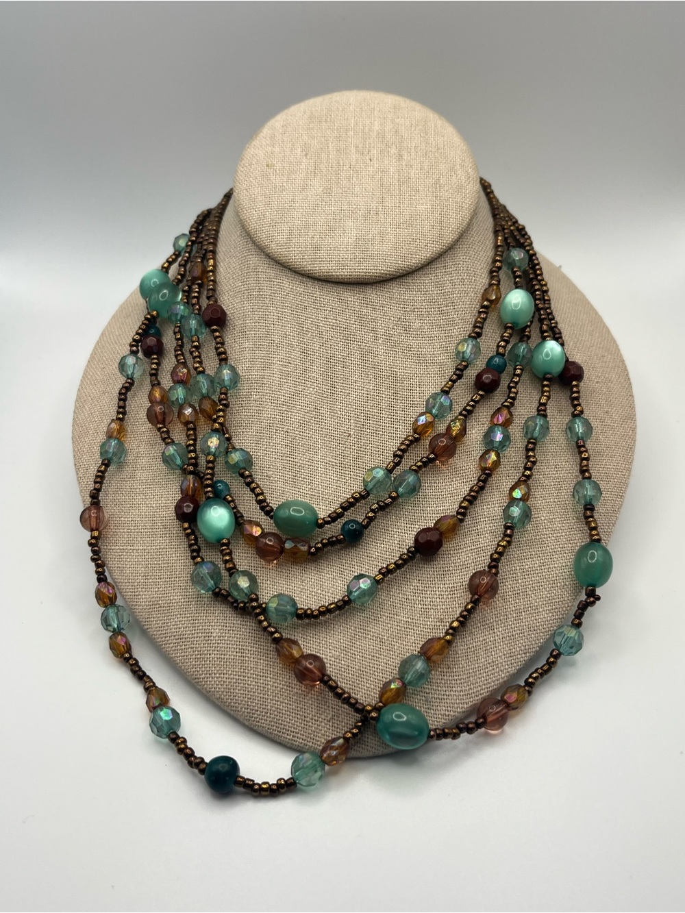 Multi-Strand Green and Brown Beaded Statement Necklace